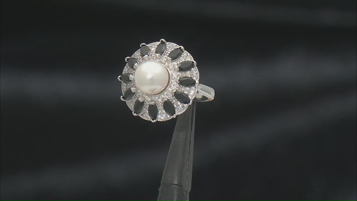 White Cultured Freshwater Pearl Black Spinel and White Zircon Rhodium Over Sterling Silver Ring Video Thumbnail
