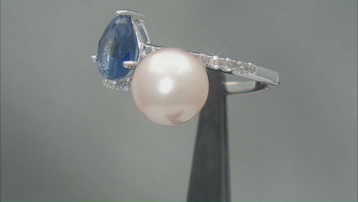 White Cultured Freshwater Pearl, 1.06ct Kyanite & White Zircon Rhodium Over Sterling Silver Ring Video Thumbnail