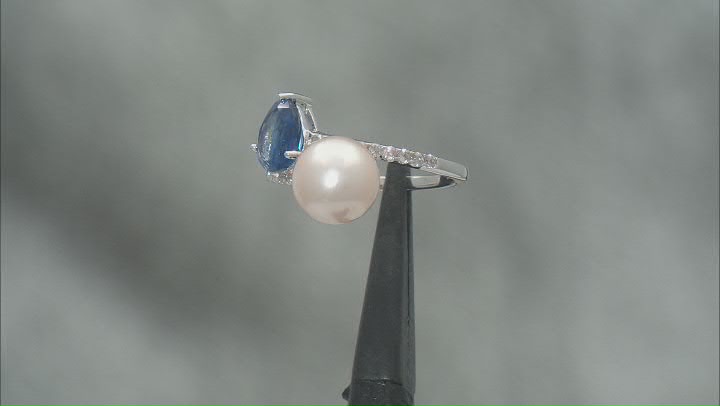 White Cultured Freshwater Pearl, 1.06ct Kyanite & White Zircon Rhodium Over Sterling Silver Ring Video Thumbnail