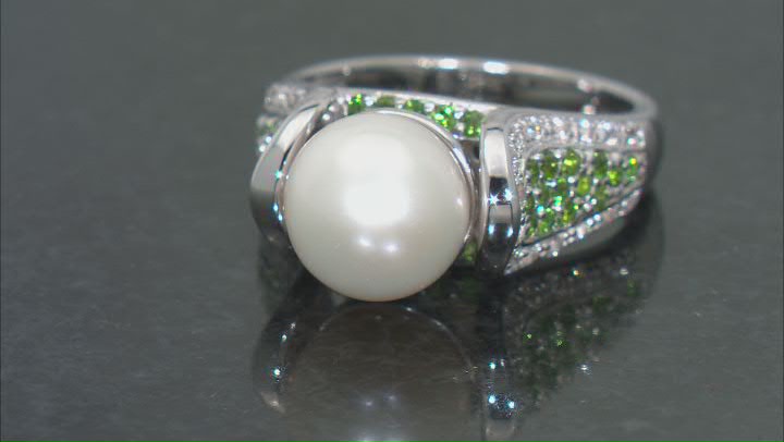 White Cultured Freshwater Pearl, Chrome Diopside and White Zircon Rhodium Over Sterling Silver Ring Video Thumbnail