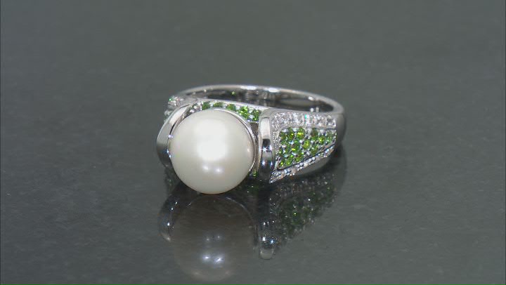 White Cultured Freshwater Pearl, Chrome Diopside and White Zircon Rhodium Over Sterling Silver Ring Video Thumbnail