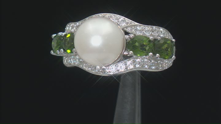 White Cultured Freshwater Pearl, Chrome Diopside and Zircon Rhodium Over Sterling Ring Video Thumbnail