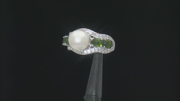 White Cultured Freshwater Pearl, Chrome Diopside and Zircon Rhodium Over Sterling Ring Video Thumbnail