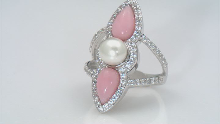 White Cultured Freshwater Pearl and Peruvian Opal Rhodium Over Sterling Silver Ring Video Thumbnail