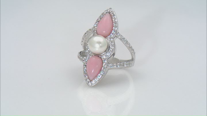 White Cultured Freshwater Pearl and Peruvian Opal Rhodium Over Sterling Silver Ring Video Thumbnail