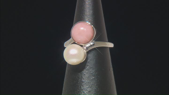 White Cultured Freshwater Pearl and Pink Peruvian Opal Rhodium Over Sterling Silver Ring Video Thumbnail