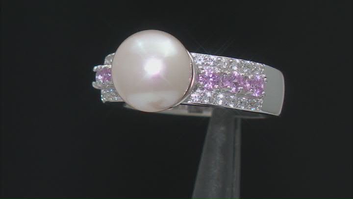 White Cultured Freshwater Pearl With Pink Sapphire &White Zircon Rhodium Over Sterling Silver Ring Video Thumbnail