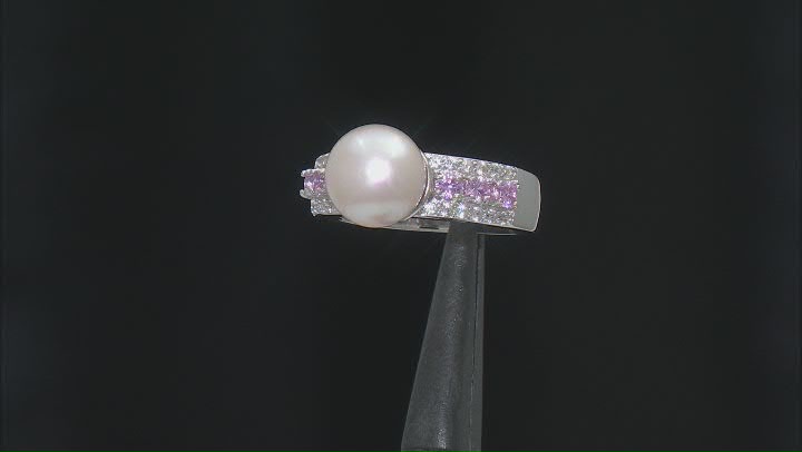 White Cultured Freshwater Pearl With Pink Sapphire &White Zircon Rhodium Over Sterling Silver Ring Video Thumbnail