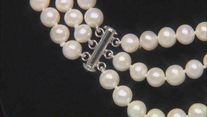 White Cultured Freshwater Pearl Rhodium Over Sterling Silver 3-Strand Necklace Video Thumbnail