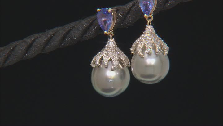 Platinum Cultured Tahitian Pearl, Tanzanite, and Diamond 14k White Gold Earrings Video Thumbnail