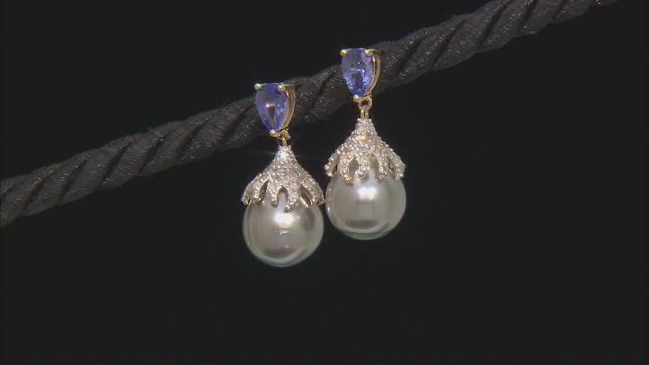 Platinum Cultured Tahitian Pearl, Tanzanite, and Diamond 14k White Gold Earrings Video Thumbnail