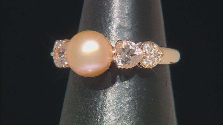Pink Cultured Freshwater Pearl with Morganite & White Zircon 18k Rose Gold Over Silver Ring Video Thumbnail