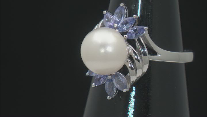White Cultured Freshwater Pearl and 0.64ctw Tanzanite Rhodium Over Sterling Silver Ring Video Thumbnail