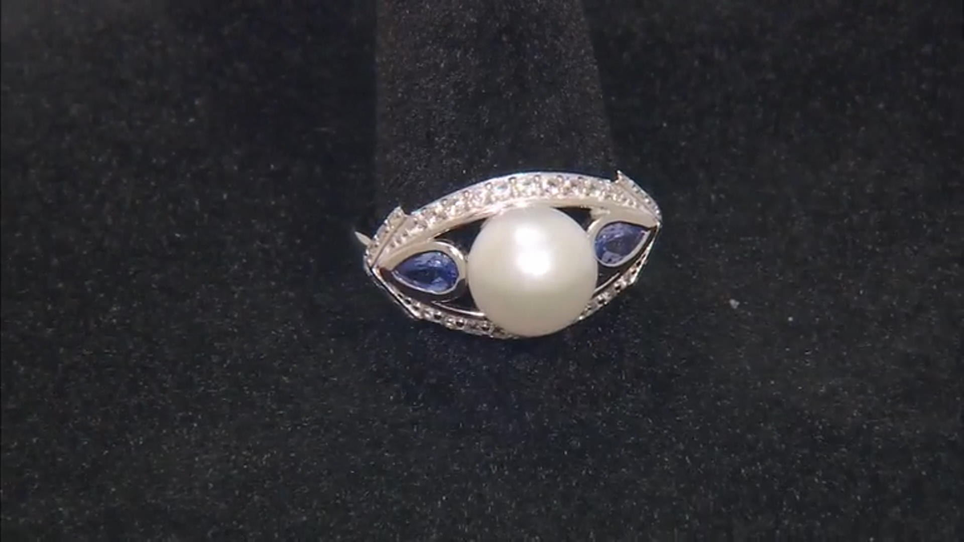 White Cultured Freshwater Pearl, Tanzanite and White Zircon Rhodium Over Sterling Silver Ring Video Thumbnail