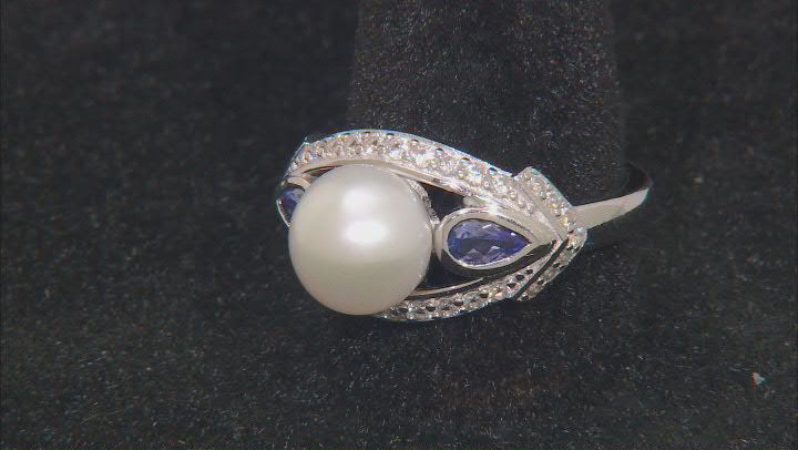 White Cultured Freshwater Pearl, Tanzanite and White Zircon Rhodium Over Sterling Silver Ring Video Thumbnail