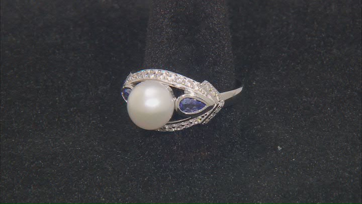 White Cultured Freshwater Pearl, Tanzanite and White Zircon Rhodium Over Sterling Silver Ring Video Thumbnail