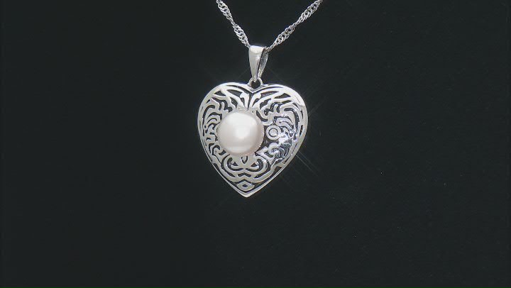 White Cultured Freshwater Pearl Rhodium Over Sterling Silver Oxidized Heart Pendant Video Thumbnail