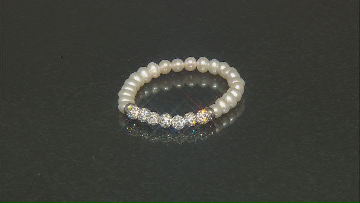 White Cultured Freshwater Pearl & White Crystal Rhodium Over Silver Bracelet and Earring Set Video Thumbnail
