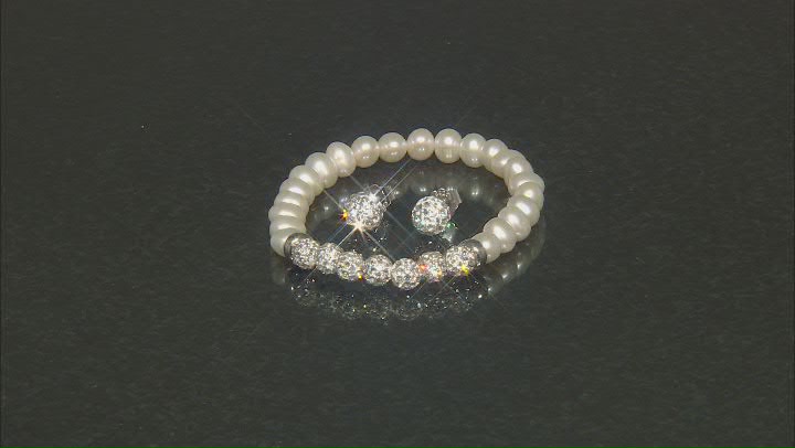 White Cultured Freshwater Pearl & White Crystal Rhodium Over Silver Bracelet and Earring Set Video Thumbnail