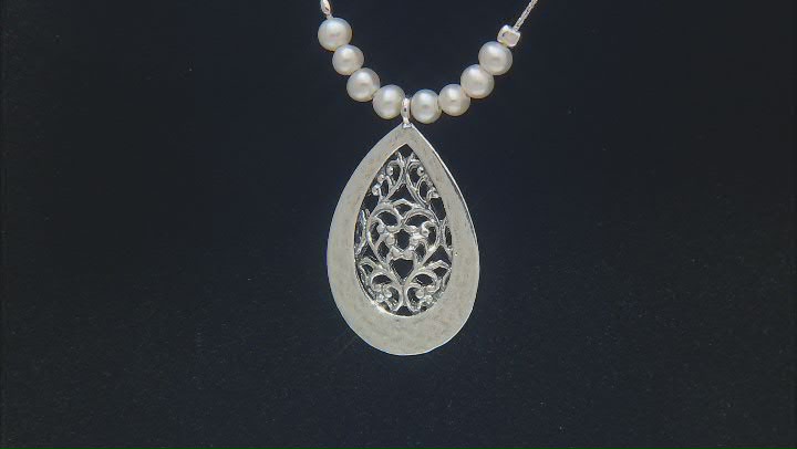 White Cultured Freshwater Pearl Sterling Silver Hammered Lace Drop Necklace Video Thumbnail