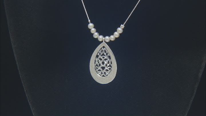 White Cultured Freshwater Pearl Sterling Silver Hammered Lace Drop Necklace Video Thumbnail