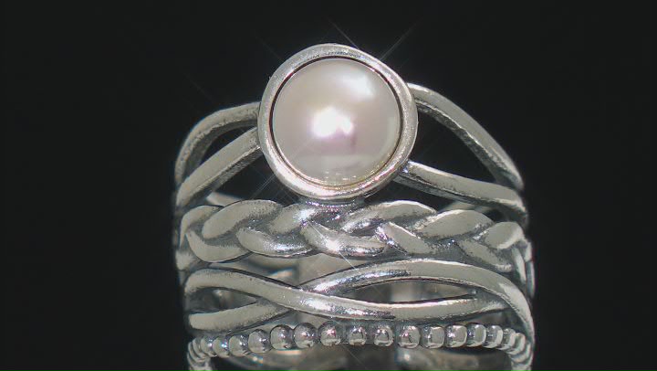 White Cultured Freshwater Pearl Sterling Silver Textured Band Ring Video Thumbnail