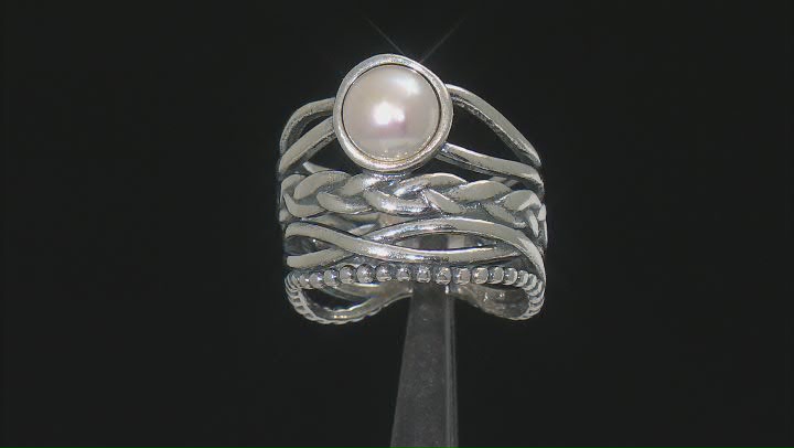 White Cultured Freshwater Pearl Sterling Silver Textured Band Ring Video Thumbnail