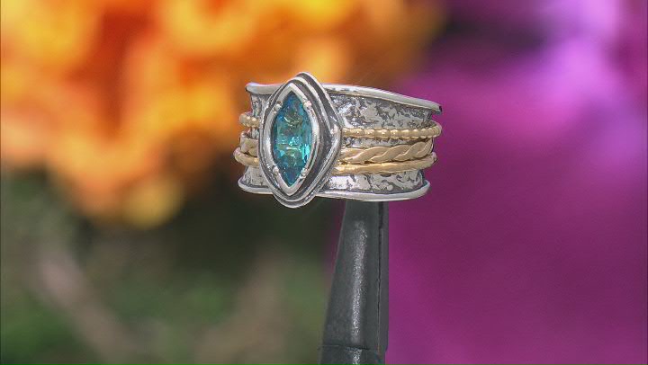 Swiss Blue Topaz Two Tone Sterling Silver & 14K Yellow Gold Over Sterling Silver Spinner Ring 0.90ct Video Thumbnail