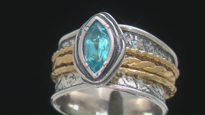 Swiss Blue Topaz Two Tone Sterling Silver & 14K Yellow Gold Over Sterling Silver Spinner Ring 0.90ct Video Thumbnail