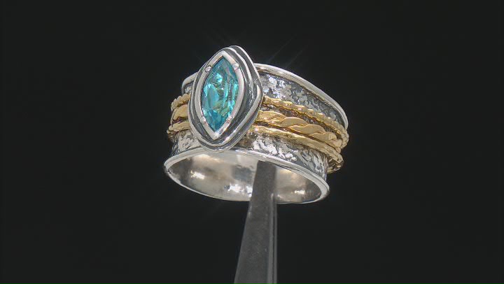 Swiss Blue Topaz Two Tone Sterling Silver & 14K Yellow Gold Over Sterling Silver Spinner Ring 0.90ct Video Thumbnail
