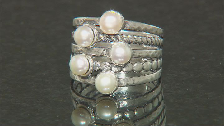 Cultured Freshwater Pearl Sterling Silver Multi-Row Textured Ring Video Thumbnail