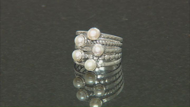 Cultured Freshwater Pearl Sterling Silver Multi-Row Textured Ring Video Thumbnail