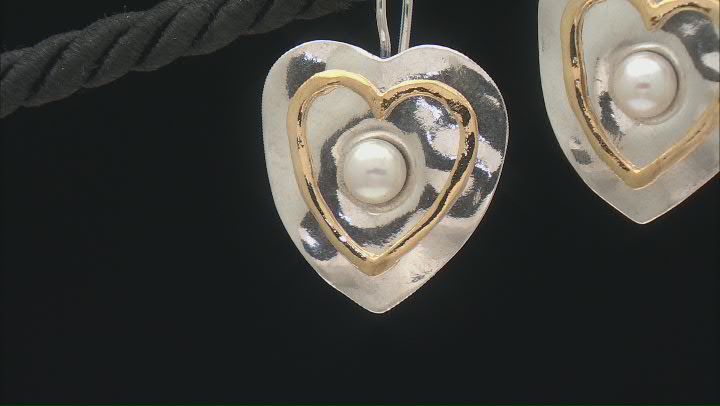 6mm Cultured Freshwater Pearl Two Tone Sterling Silver & 14K Yellow Gold Over Silver Heart Earrings Video Thumbnail