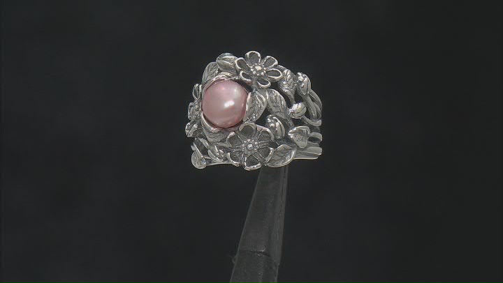 7.5-8mm Pink Cultured Freshwater Pearl Sterling Silver Floral Ring Video Thumbnail