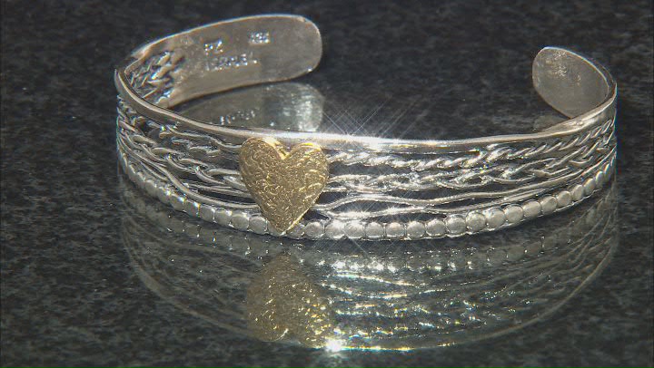 Two Tone Sterling Silver & 14k Gold Over Sterling Silver Heart Cuff Bracelet Video Thumbnail
