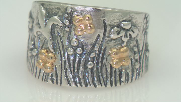 Two Tone Sterling Silver & 14K Gold Over Silver Garden Motif Band Ring Video Thumbnail