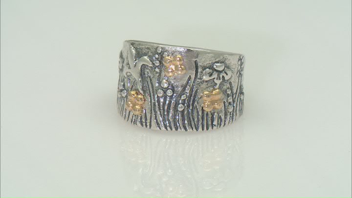 Two Tone Sterling Silver & 14K Gold Over Silver Garden Motif Band Ring Video Thumbnail