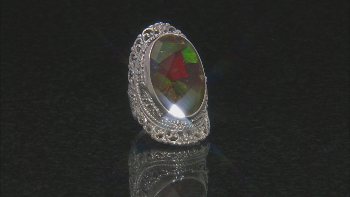 Multi-Color Mosaic Ammolite Triplet Silver Ring Video Thumbnail