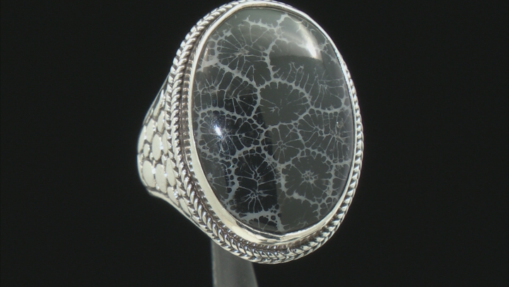 Black Indonesian Coral Cabochon Silver Solitaire Ring Video Thumbnail