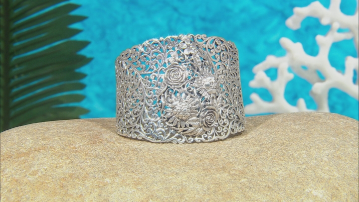 Sterling Silver "Good Luck" Ladybug And Rose Filigree Cuff Bracelet Video Thumbnail