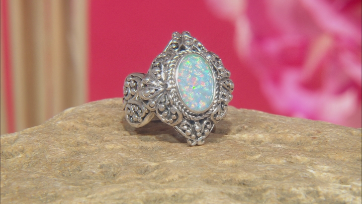 Lab Created Opal Doublet Sterling Silver Solitaire Ring