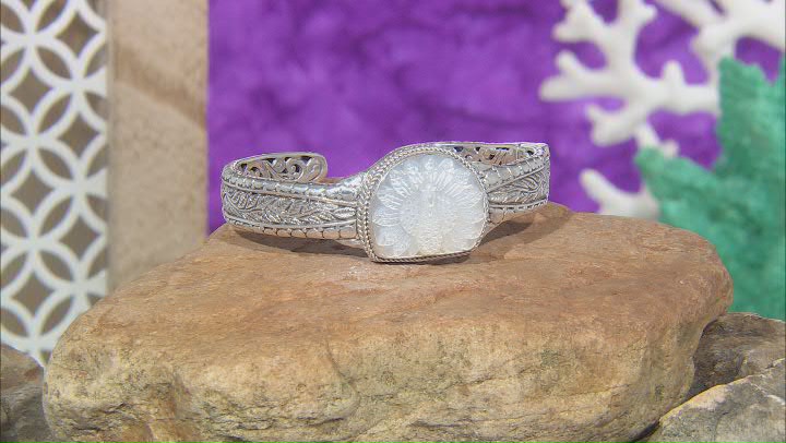 Carved White Mother-Of-Pearl Peacock Sterling Silver Bracelet Video Thumbnail