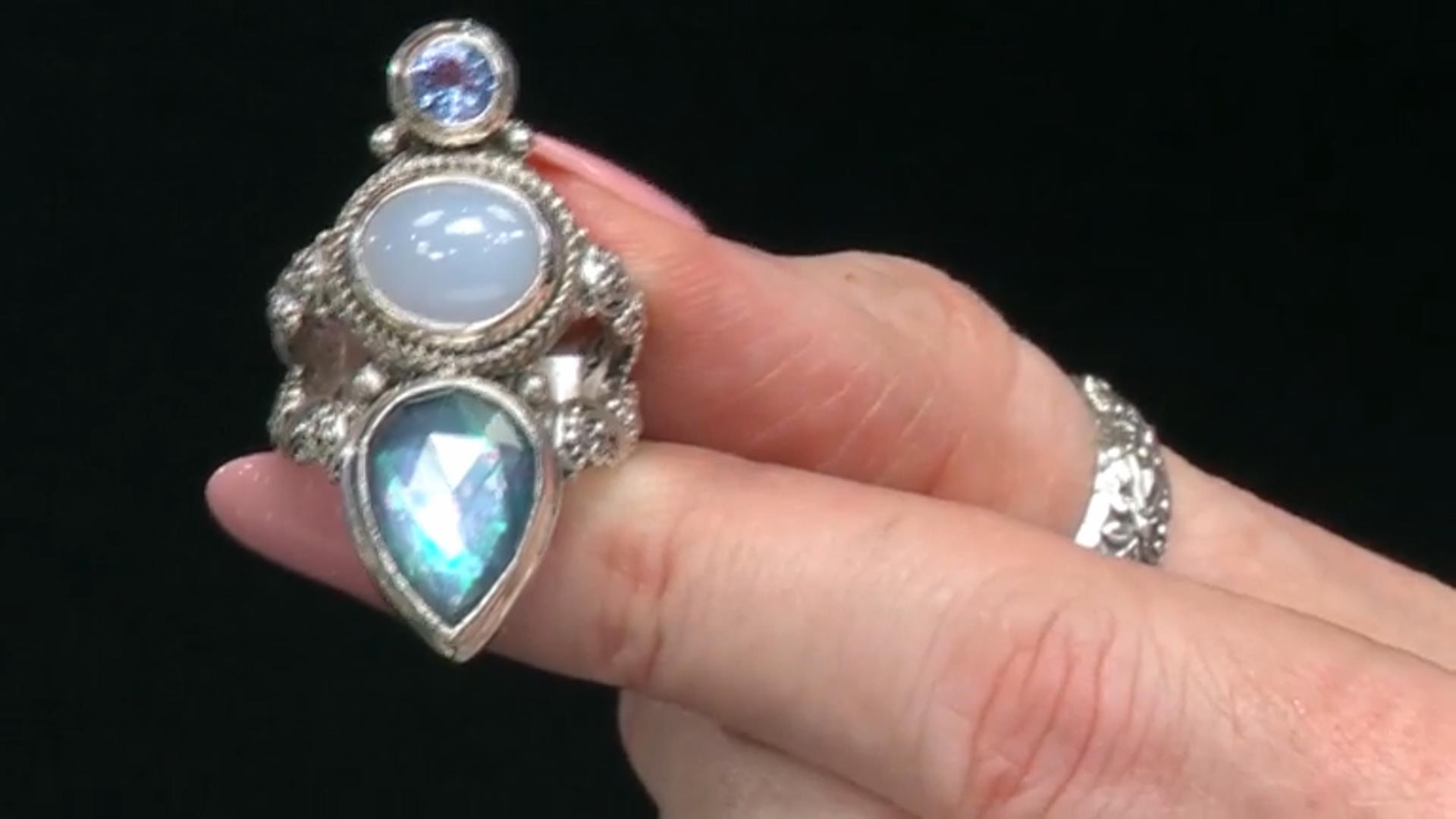 Sapphire Quartz Triplet, Chalcedony & Tanzanite Silver Ring 4.48ctw Video Thumbnail
