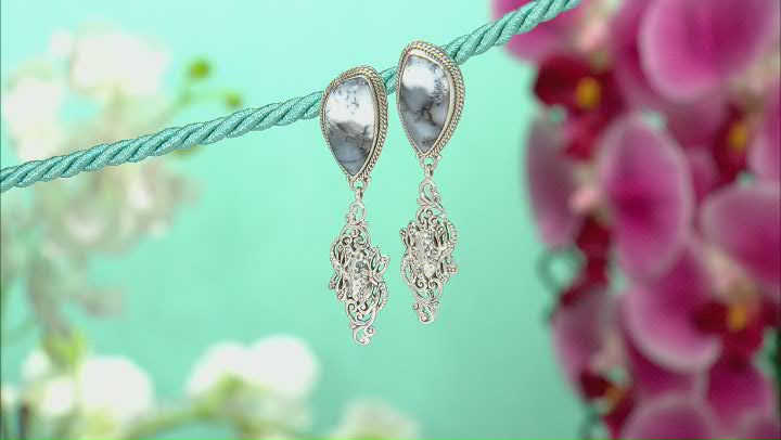 White Dendritic Agate Silver Dragonfly Earrings Video Thumbnail