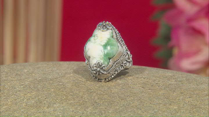 Green Opal Silver Frangipani Ring