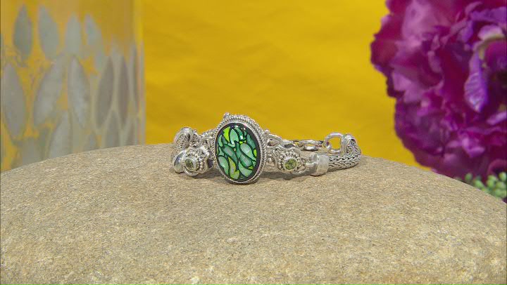 Green Leaf  Mosaic Mother-of-Pearl And Peridot Silver Bracelet .23ctw