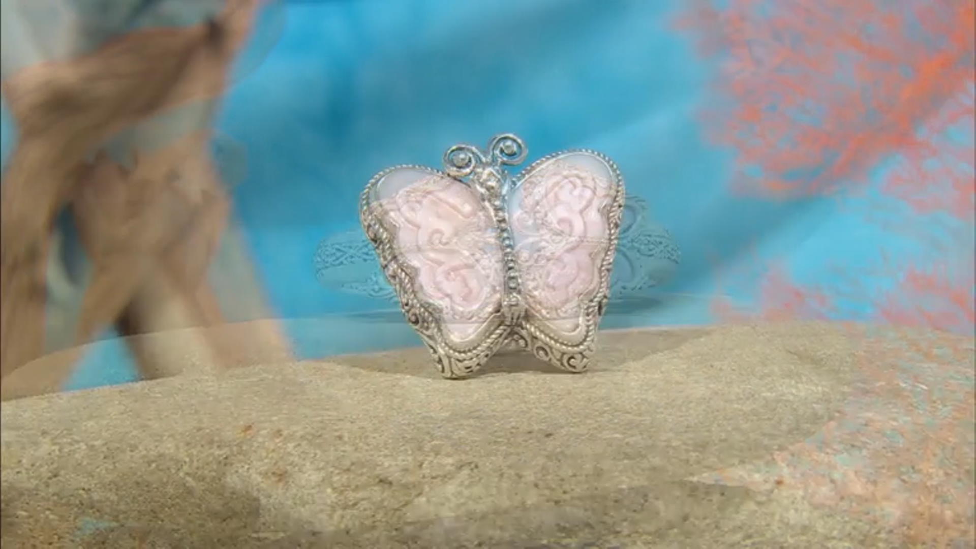 Pink Carved Mother-of-Pearl Silver Butterfly Ring Video Thumbnail