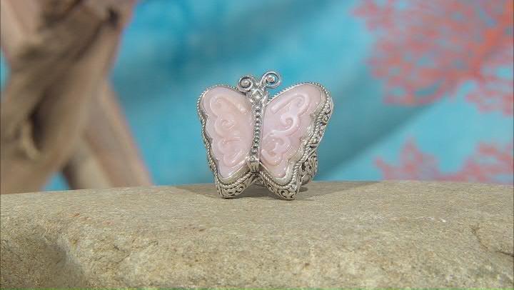 Pink Carved Mother-of-Pearl Silver Butterfly Ring Video Thumbnail