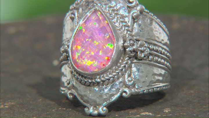 Lab Created Salmon Pink Opal Quartz Doublet Silver Ring 4.34ct Video Thumbnail