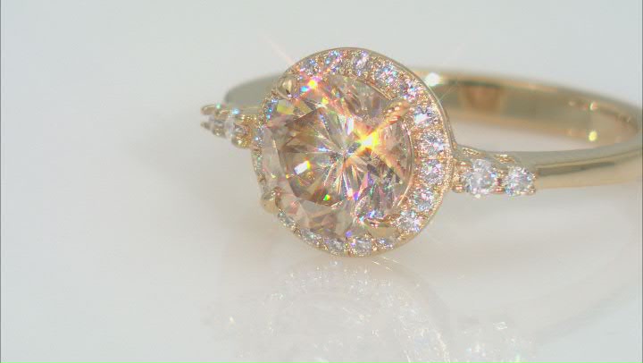 Champagne Strontium Titanate & Moissanite 18k Yellow Gold Over Sterling Silver Halo Ring 5.75ctw Video Thumbnail